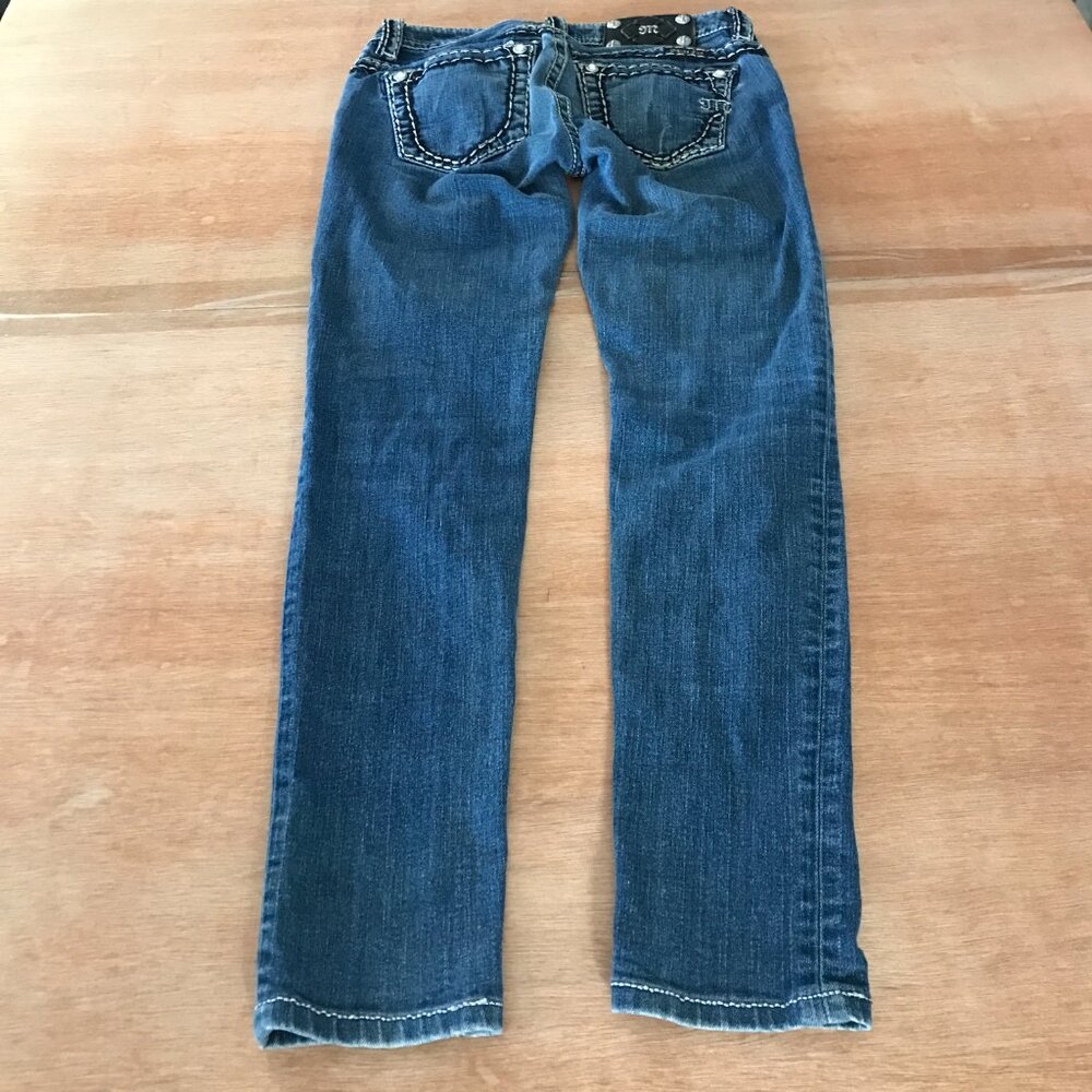 Miss Me Mid Rise Skinny Jeans Women 26 Blue Embellished Thick Stitch Studded - Picture 3 of 16